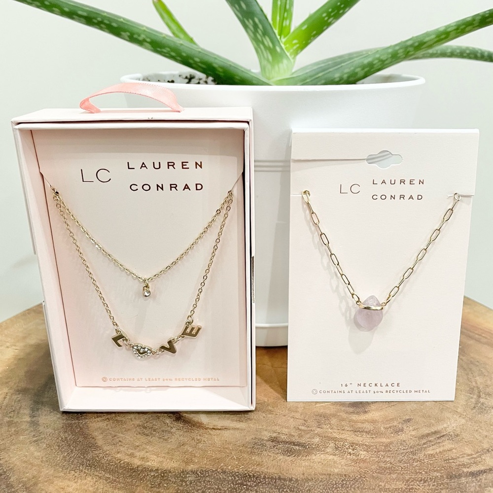 LC Lauren Conrad purple crystal & gold necklace & love necklace 50% recycled